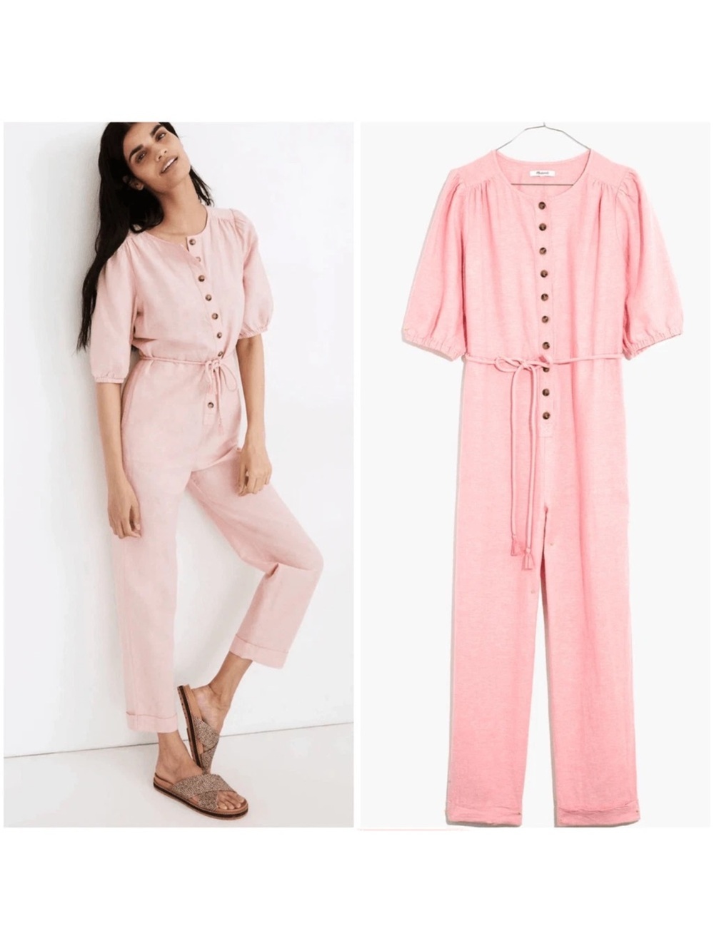 Madewell pink Linen-Blend Puff-Sleeve Tassel-Tie Jumpsuit XL